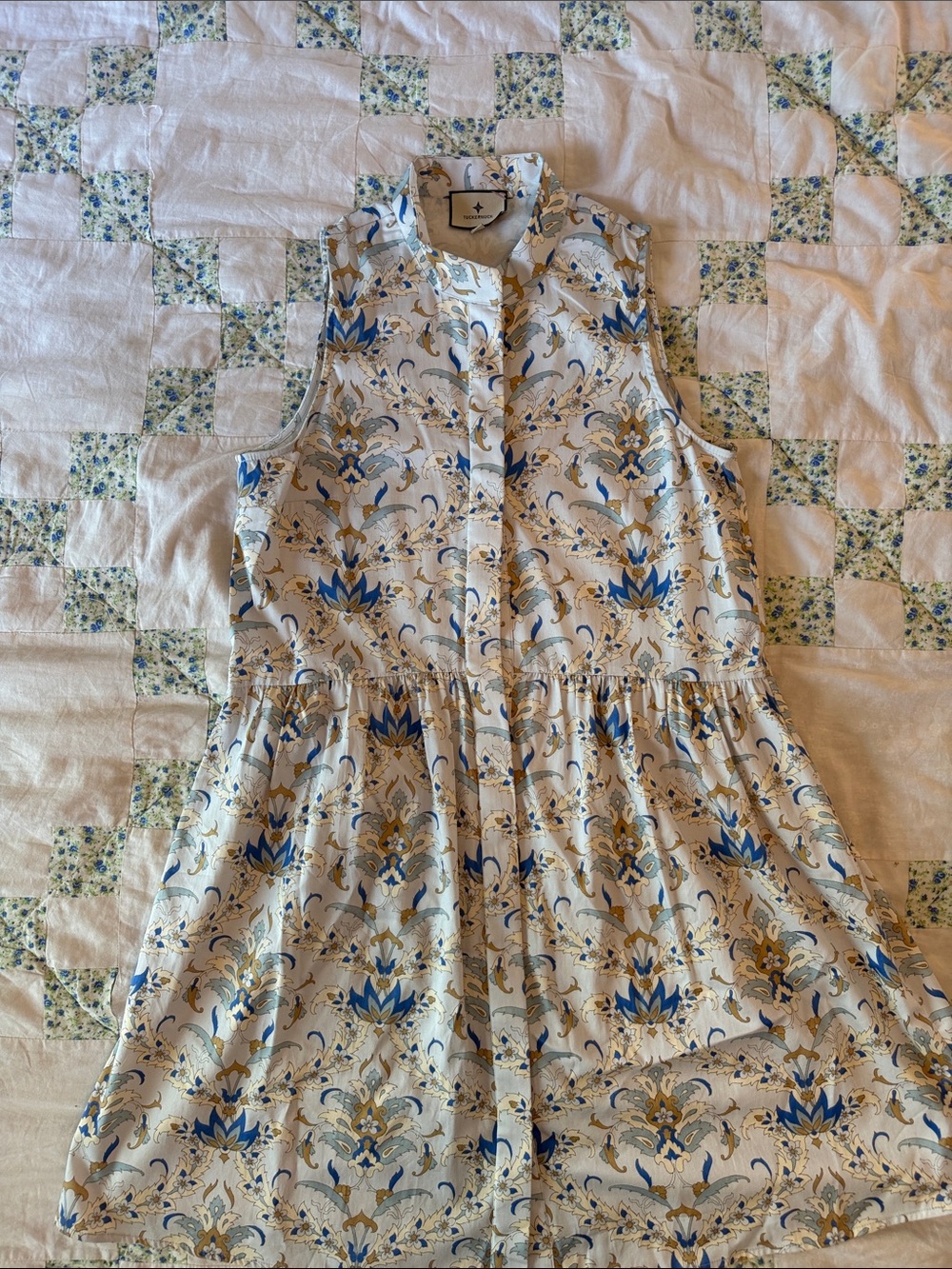 Tuckernuck Sleeveless Floral-Paisley Mini Dress in Cream, Blue, and Tan